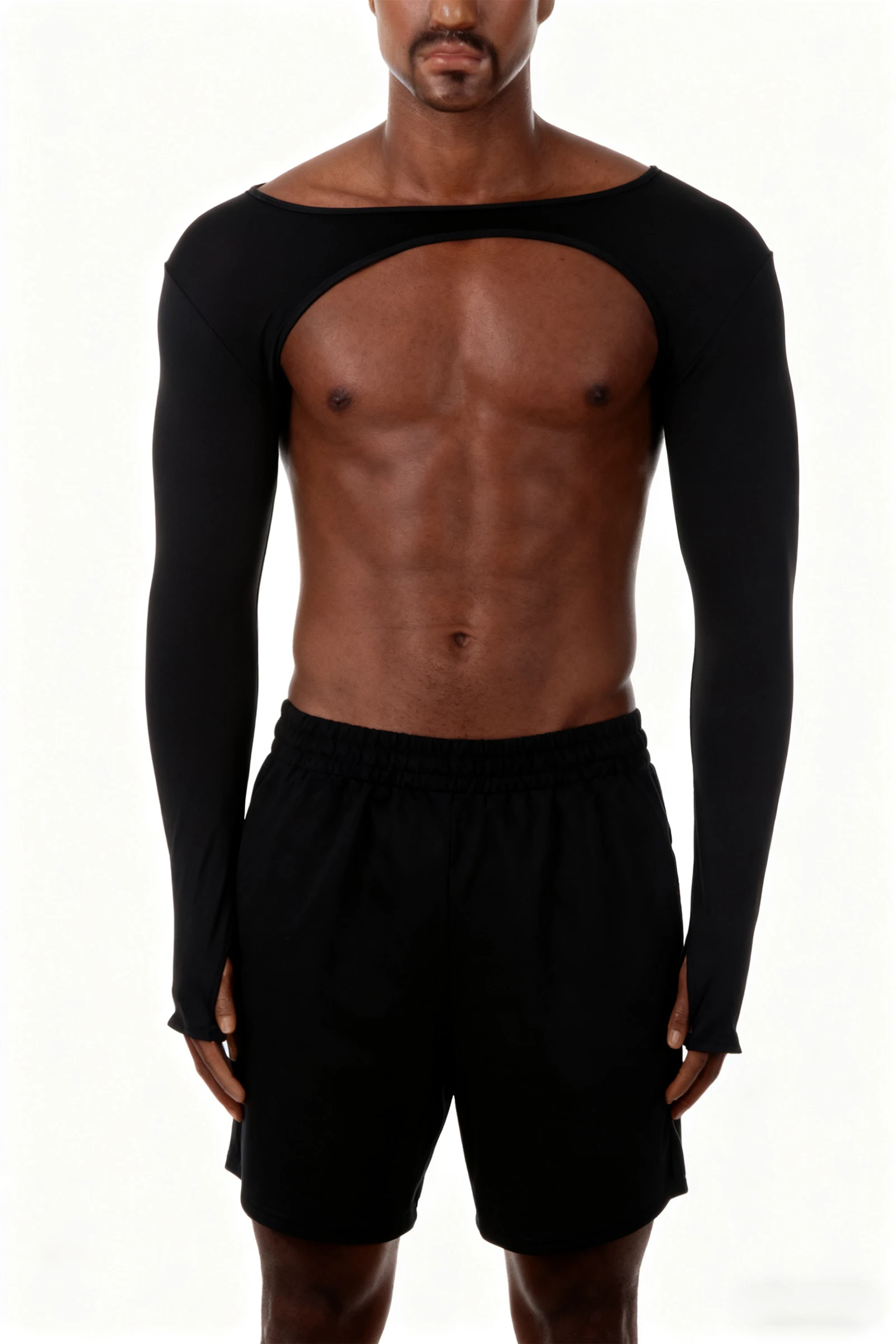Open Front Half Crop Top Men Long Sleeve Tops Sexy Muscle Arm Sleeves Ice Silk Cover Up Cropped T-Shirt Workout Party Clubwear
