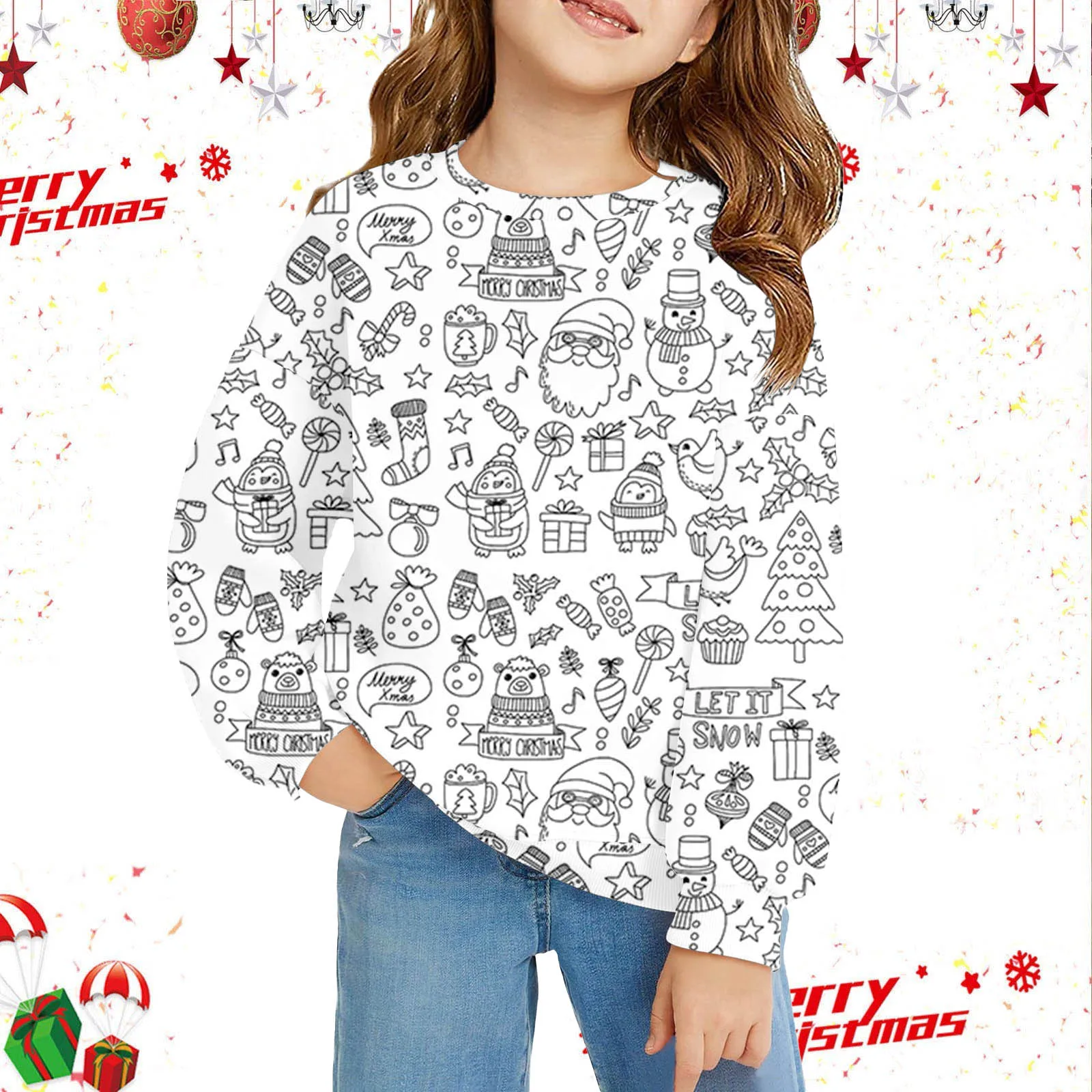 

Christmas DIY Sweatshirt Kids Sketch Colorful Tops Kids Art Color Your Own Pullover Handicraft Toys DIY Crafts For Kids Boy Girl