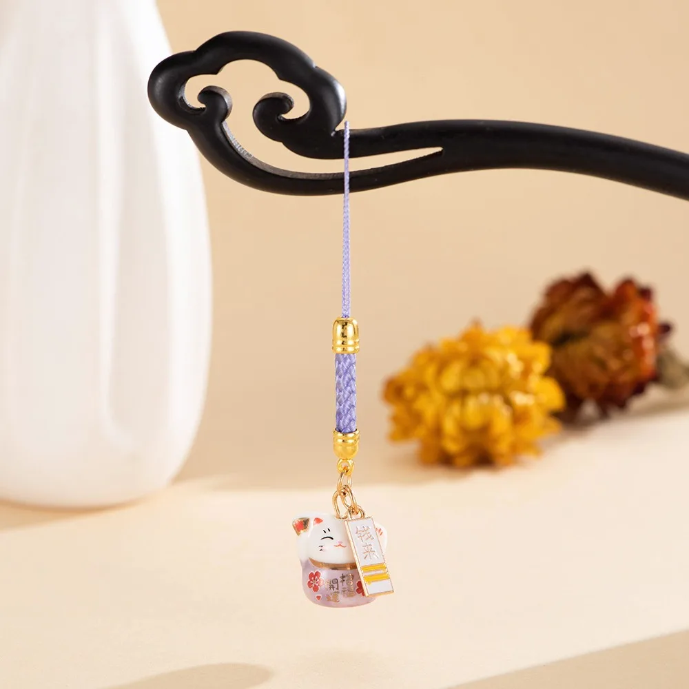Breloques de téléphone en céramique de style chinois, chat porte-bonheur, porte-bonheur en métal Maneki Neko, chaîne de téléphone, bibelot, chat porte-bonheur de dessin animé, porte-clés