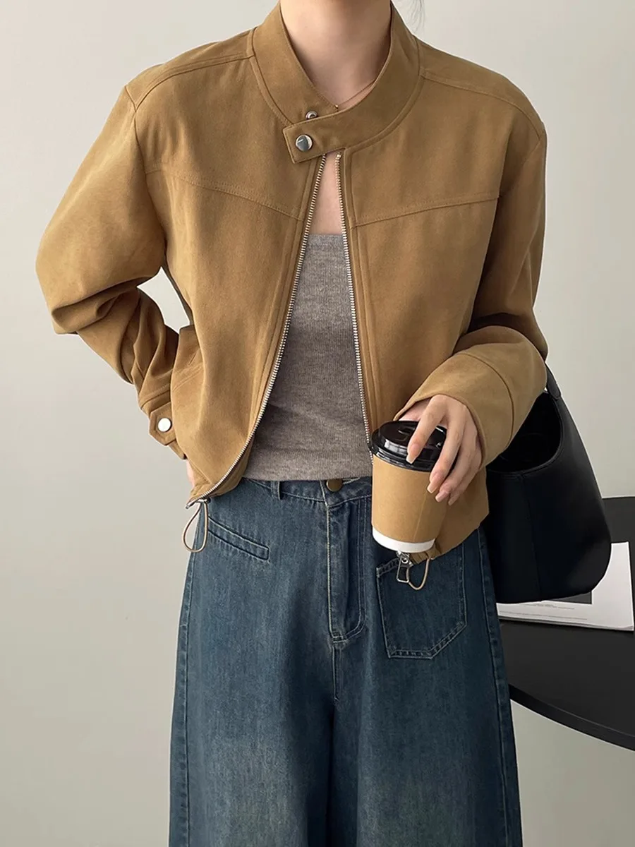 

Retro American Suede Short Jacket Women's Autumn Winter Small Size Flight Jacket Elegant High-End Feeling Top Zipper Closure