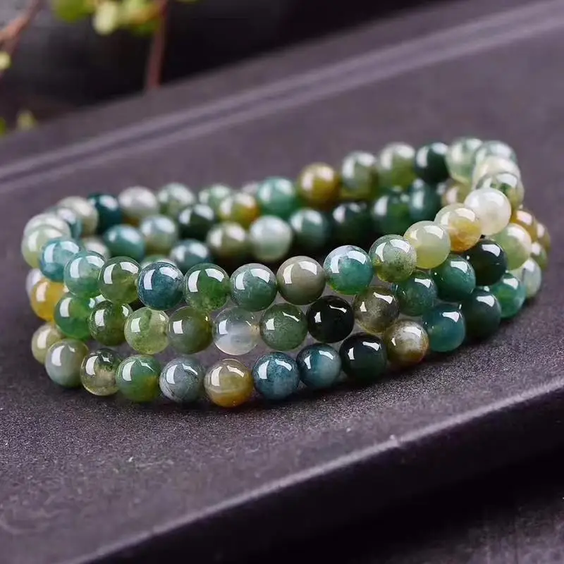 Natural Water Grass Agate Bracelet with 3 Loops and Multiple Layers of Natural Water Grass Agate Bracelet