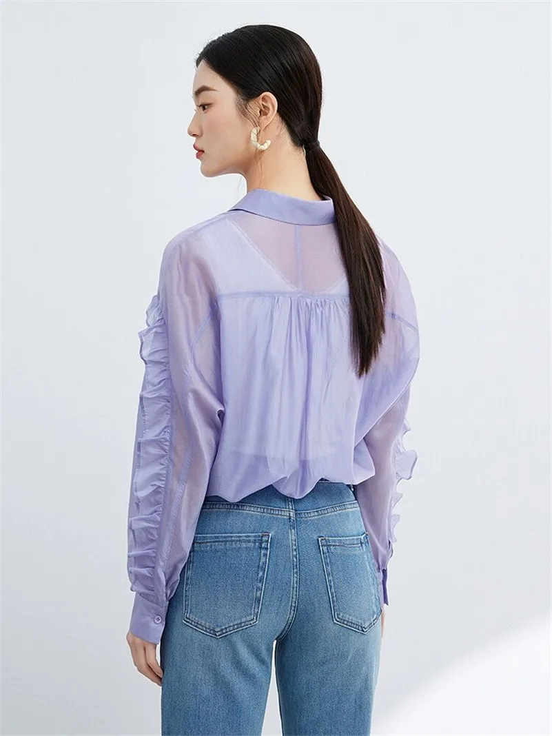 Nueva Camisa de Rayón con Diseño Primaveral, Cuello Camisero, Manga Mariposa, Transpirable, Protección Solar, Holgada, a la Moda, Casual