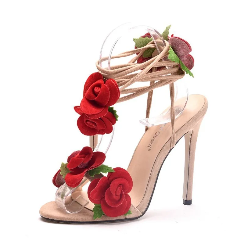 HOT Summer Women 11CM High Heels Sandals lady Pumps Round Toe Flock Thin High Heels Lace Up Front & Rear Strap Flowers Shallow