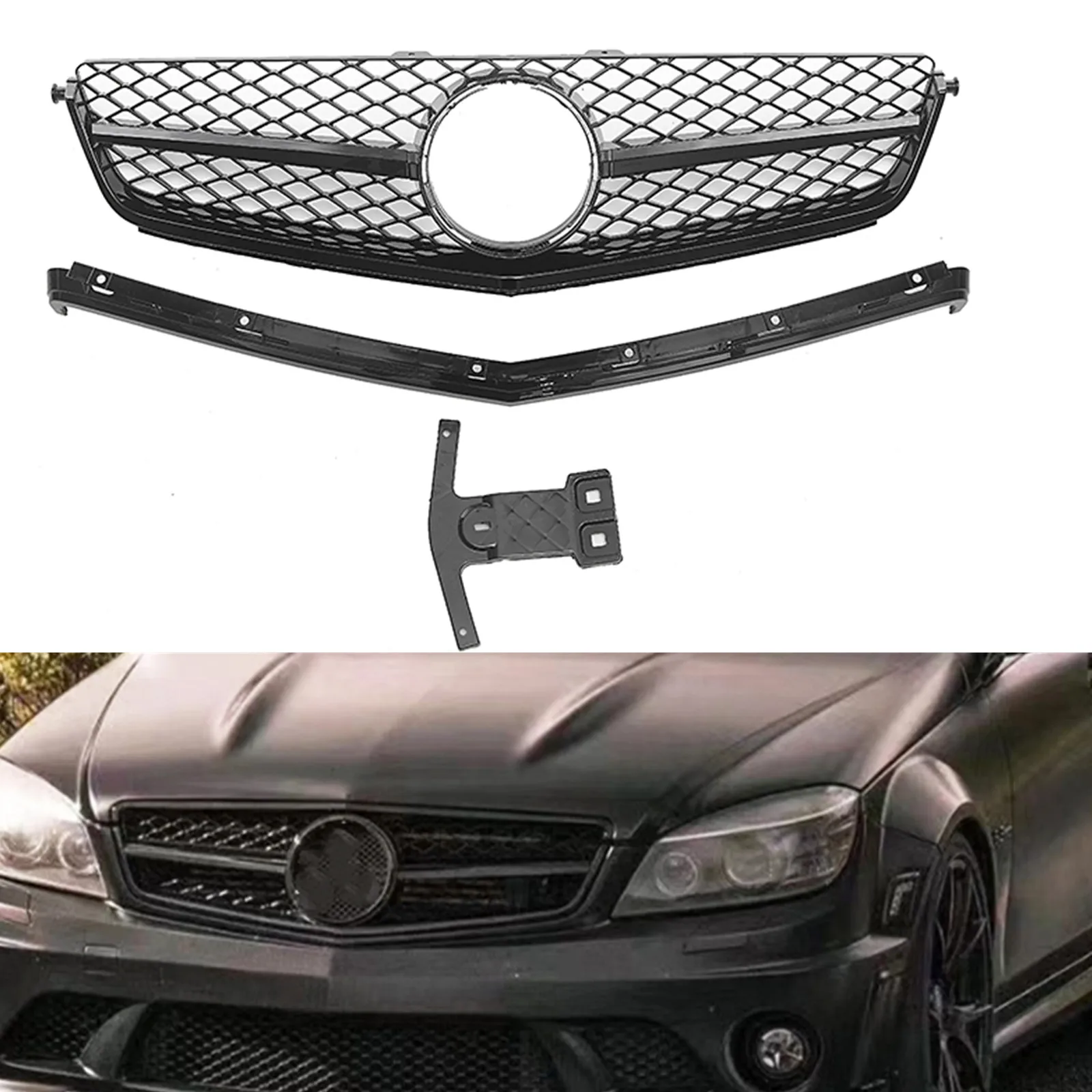 

Front Grille Grill For Mercedes-Benz W204 C-Class C63 AMG 2008-2011 Only Black/Silver With Frame Trim Car Upper Bumper Hood Mesh