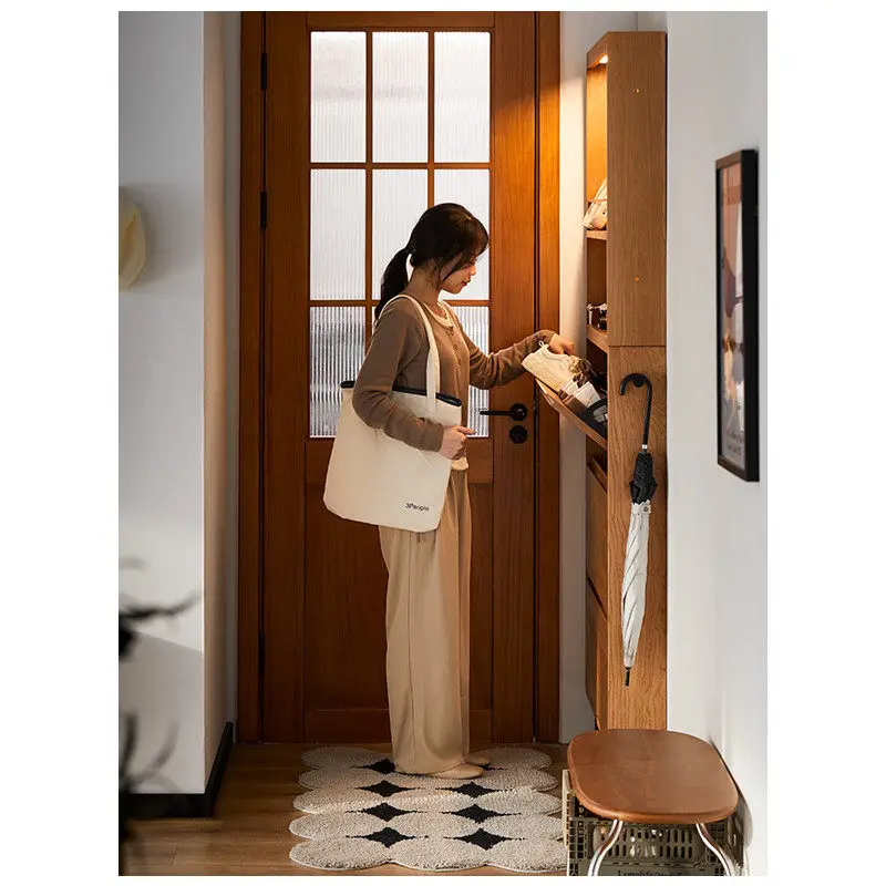 Solid wood shoe cabinet household indoor door narrow ultra-thin tipping bucket multi-functional cherry wood