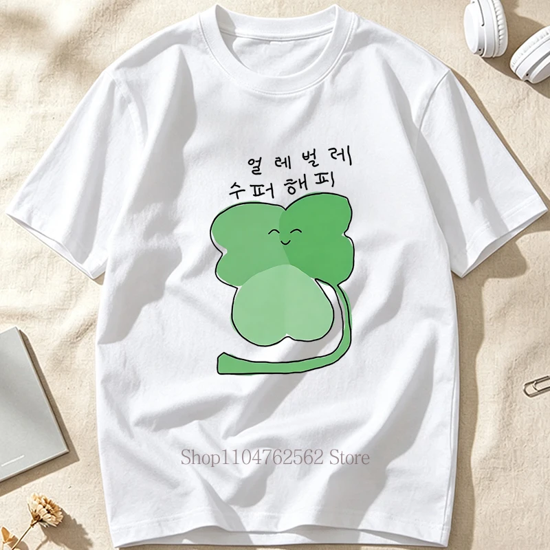 Lucky Clover Pattern Print T-shirts for Women Summer Casual Fashion Funny Korean Style Tops Crew Neck Short Sleeve Cotton Tees