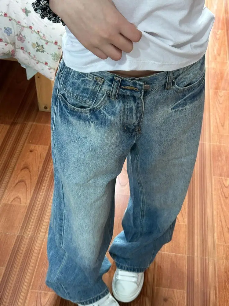 여성용 하이웨이스트 스플라이싱 아메리칸 패션 스택드 러플 플리츠 드레이프 스플릿 슬릿 비대칭 디테일 사이드 데님