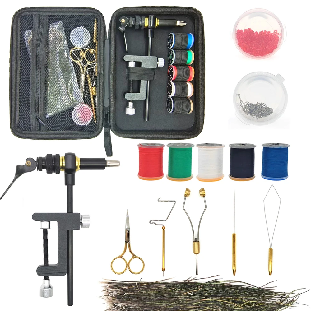 

Fly Tying Vise Tools Kit Brass C-clamp 360° Rotation Whip finisher Bobbin Thread Holder with Fly fishing materials