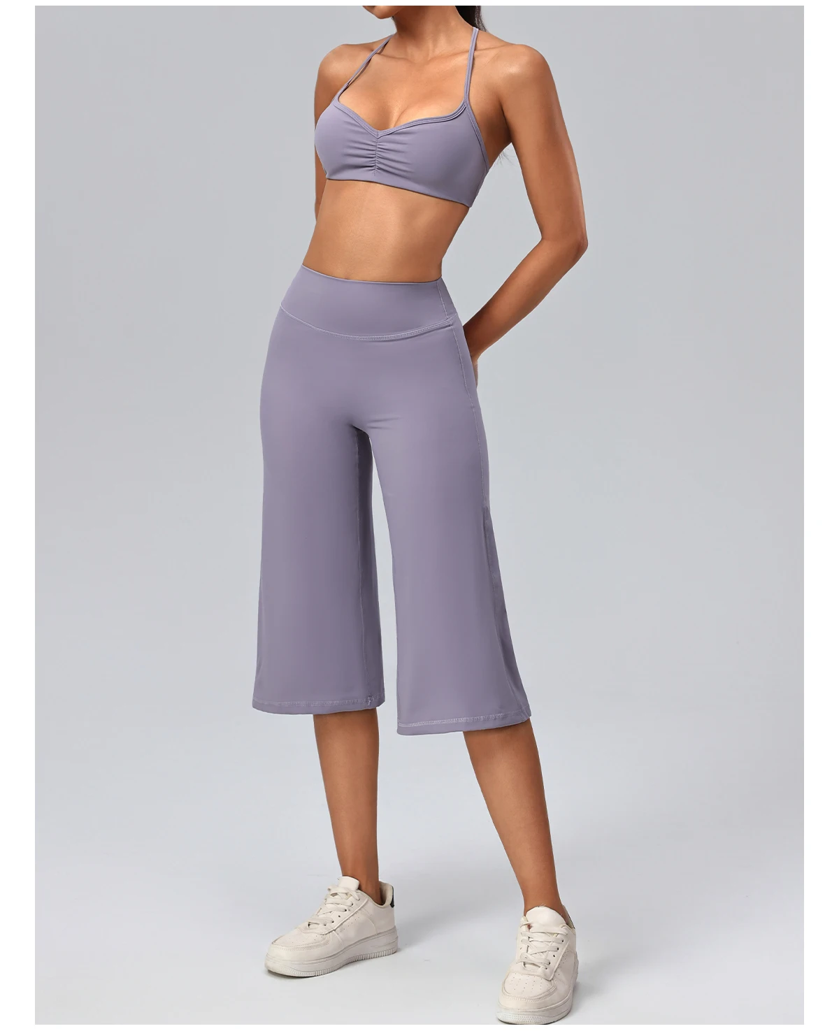 Hearuisavy Damen 2-teiliges Fitness-Set: Hochtaillierte Yoga-Caprihose mit weitem Bein, Push-Up-Sport-BH, schnelltrocknender Tennisrock für das Fitnessstudio. – Detail 25