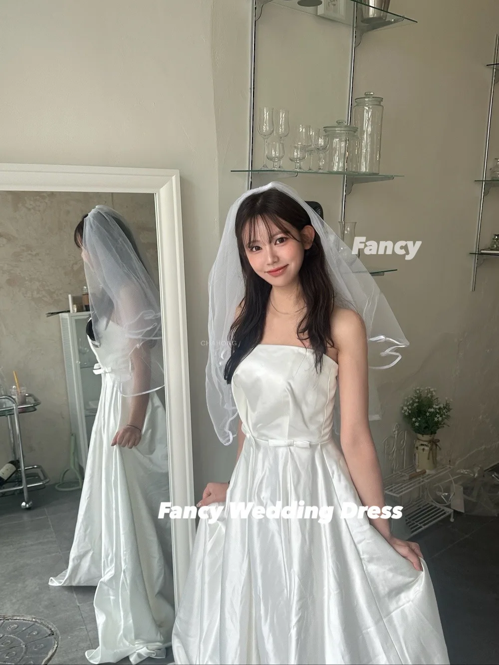 فستان زفاف كوري بسيط فاخر بدون حمالات بفيونكة عالية الجودة من الساتان الناعم فساتين سهرة على شكل حرف A مشد خلفي لحفلات الزفاف حسب الطلب #2