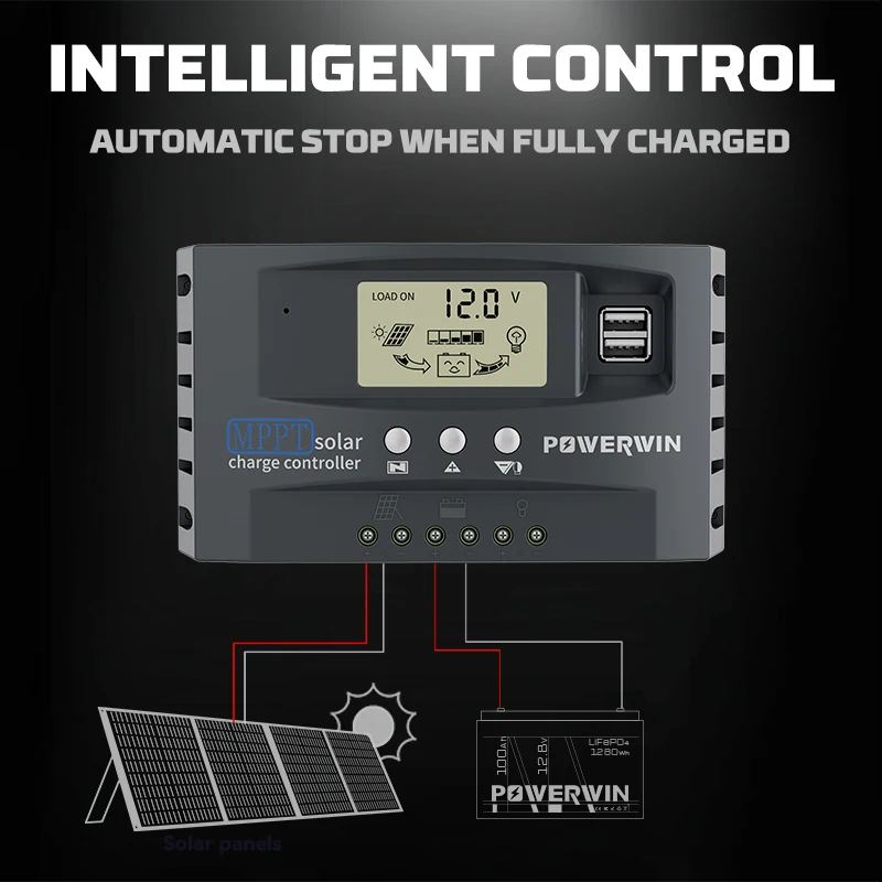 Controlador Solar MPPT POWERWIN 30A/50A — Micro MPPT Automático con Protección de Sobrecarga y Pantalla LCD