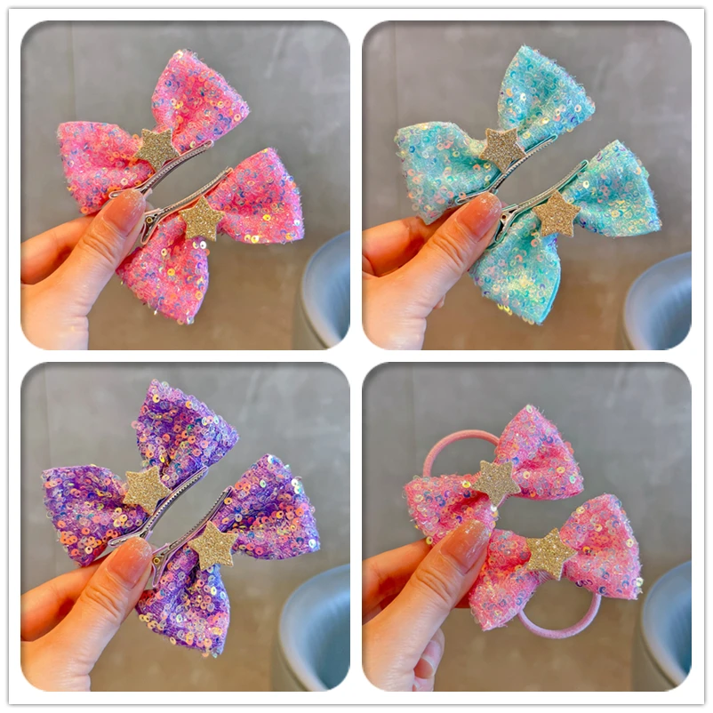 12Sets Glitter Star Bowknot Hairpins Barrettes Sequin Bow Elastic Hair Bands Fashion Headwear Boutique Hair Accessories for Girl