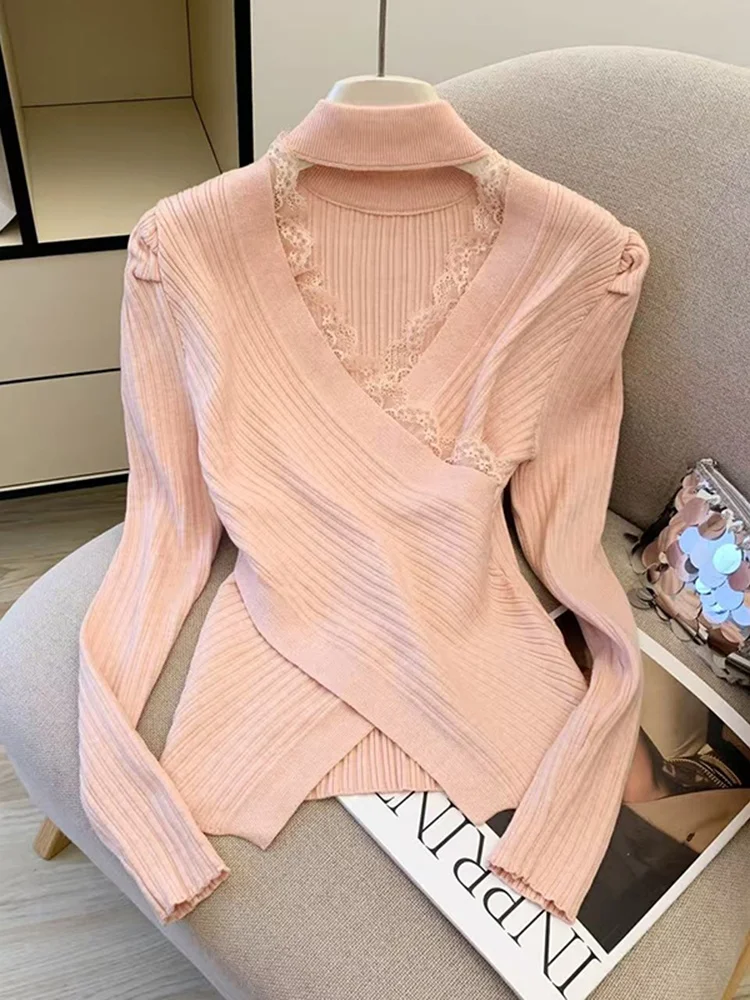 

Korean Sle V-Ne Lace Splice Knitted Sweater Women's Autumn Winter New Cross High Beau Base Ladies Top Faion Commute