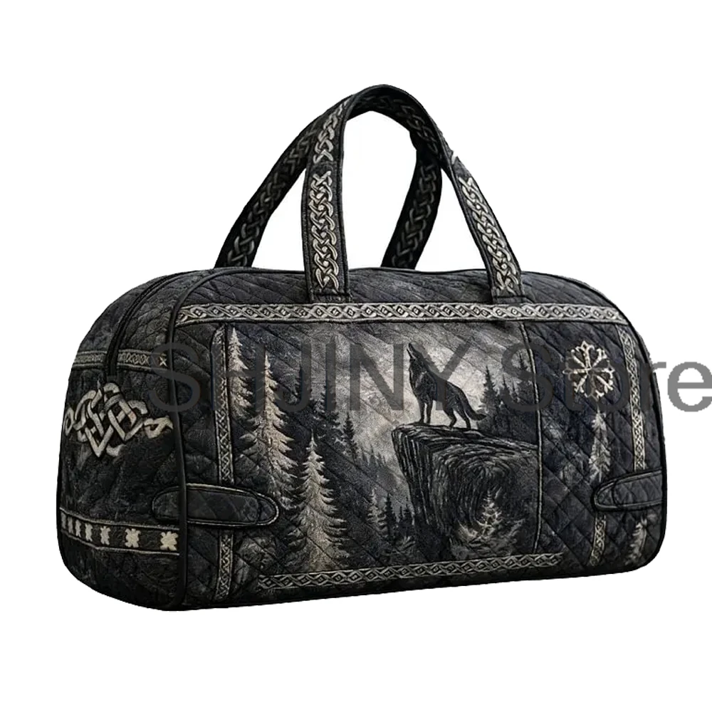 

Mystic Wolf Forest Print Quilted Duffle Bag Celtic Knot Handles Travel Tote Women Men Weekender Bag