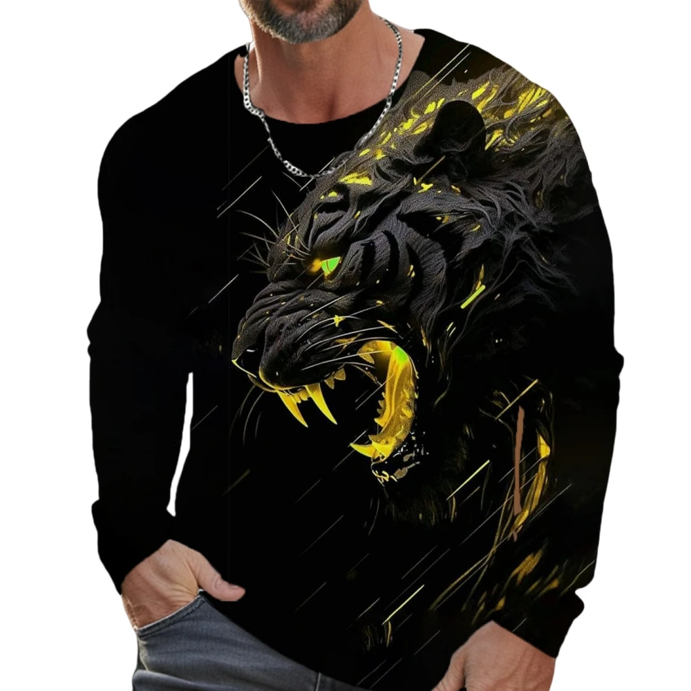 Tiger Graphic T Shirt Long Sleeve T-Shirt for Men Clothing Casual Tee Shirts Fashion 3D Animal Print Tops Vintage Men's Clothing