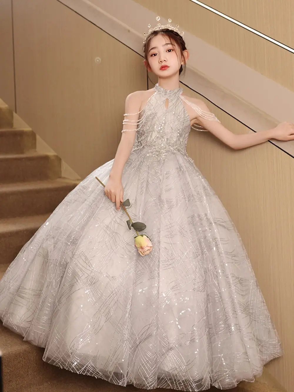 3-9T Girl‘s Princess Dress Shinning Light Luxury Halter Beading Off Shoulder Tassels Prom Gown Children's Performance Dresses