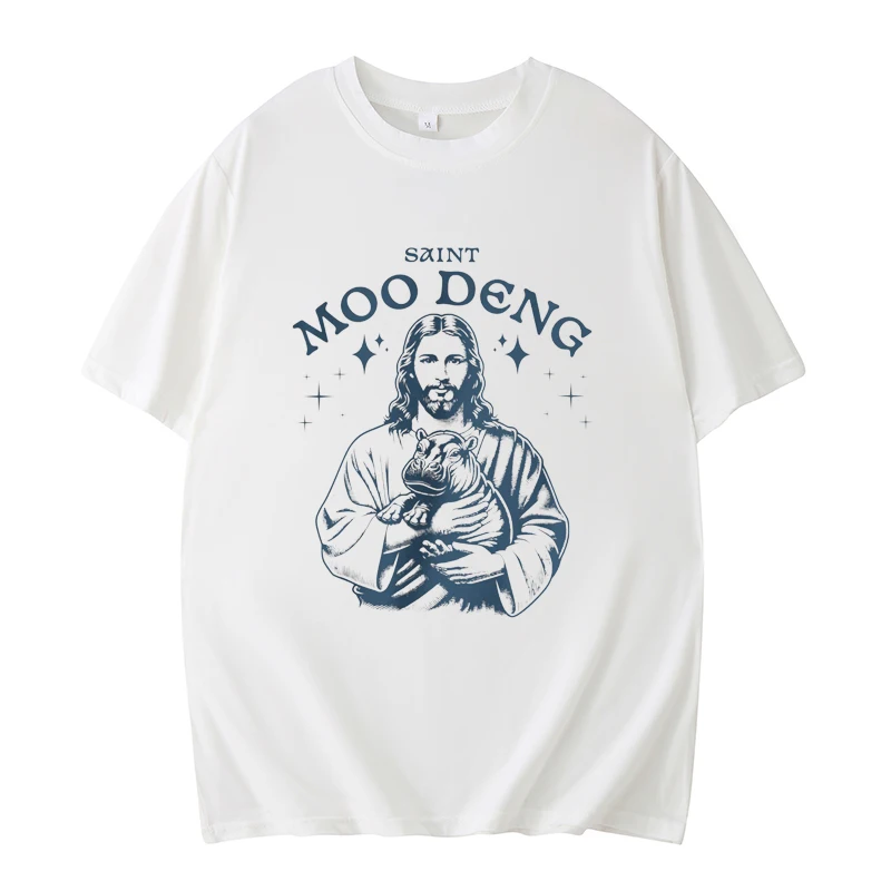 Moo Deng Jesus Holding Funny Expression Pack T-shirt For Men And Women Animal Text Sketch Pattern Summer Short Sleeve