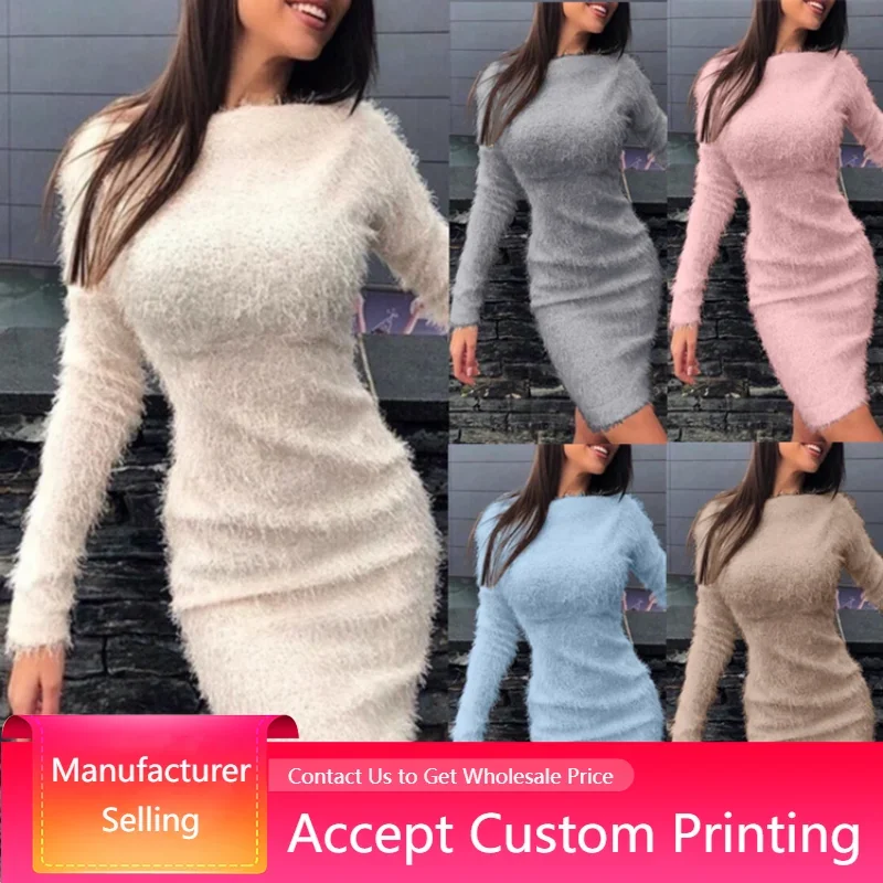 Lady Sexy Dress Slim Fit Long Sleeve Solid Color Wool Skirt Sexy Bodycom Women Plush Dress Elegant Casual Knitted Dress