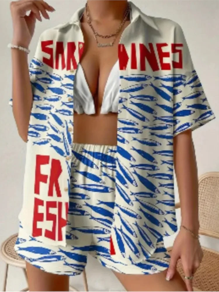 

Vacation Style Short Sleeved Shorts Two-piece Set Summer Fashion 3D Digital Printed Women's Single Breasted Shirt Casual Set
