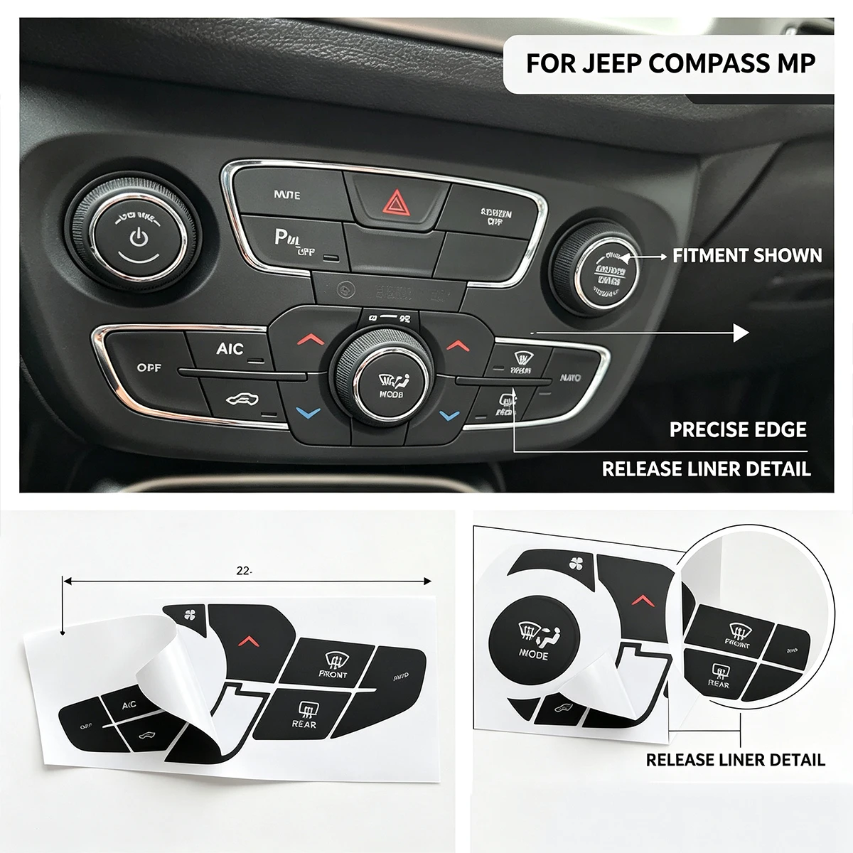 For Jeep Compass 2017-2021 Reversing Button Sticker - AC Climate Control Repair Decal, Black Vinyl White Lettering