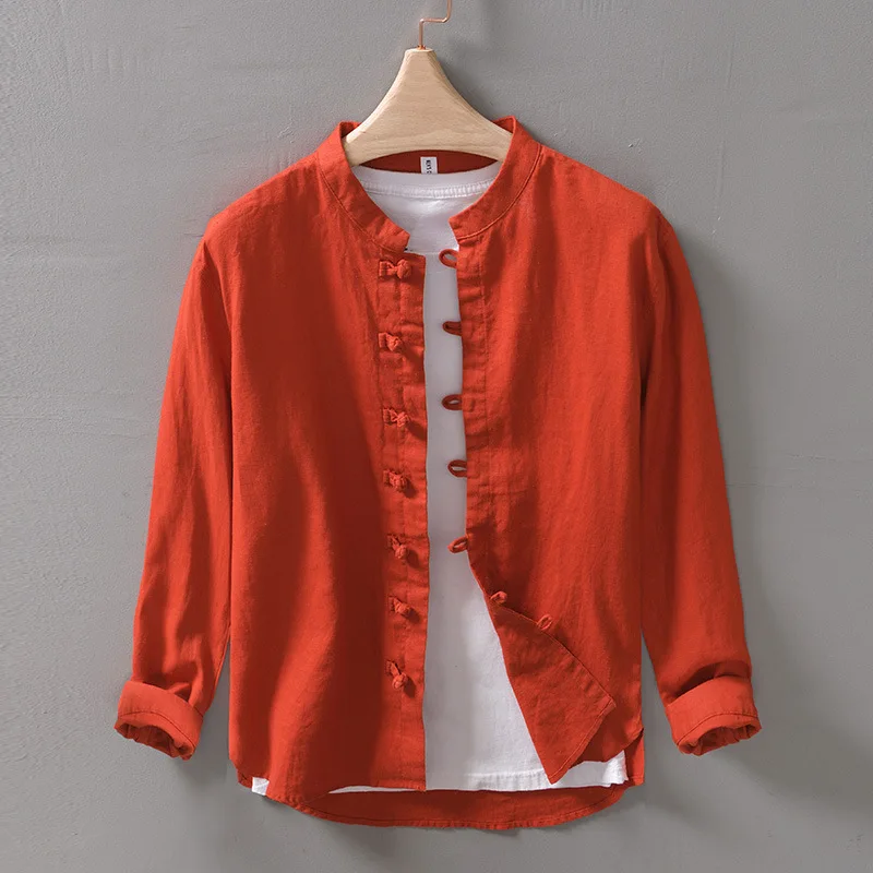 

Мужская летняя тонкая рубашка свободного кроя из чистого льна с длинным рукавом, в китайском стиле, с воротником-стойкой, верхняя одежда/куртка