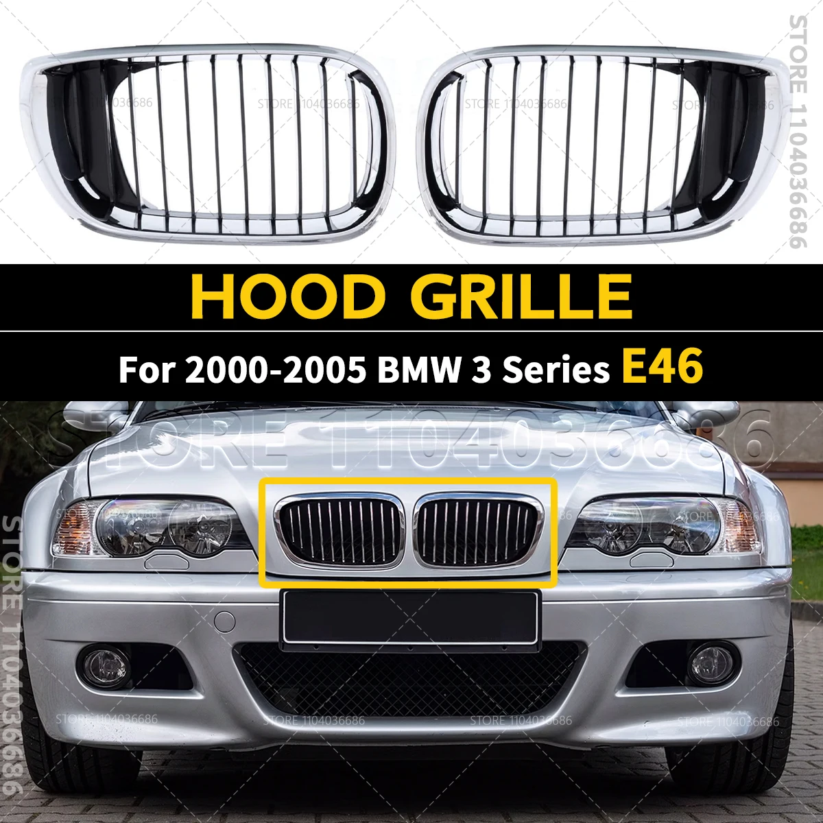 

For 2000-2005 E46 BMW 320i 325i 325xi 330i 330xi Chrome and Black Kidney Front Hood Grille 51137030545 51137030546