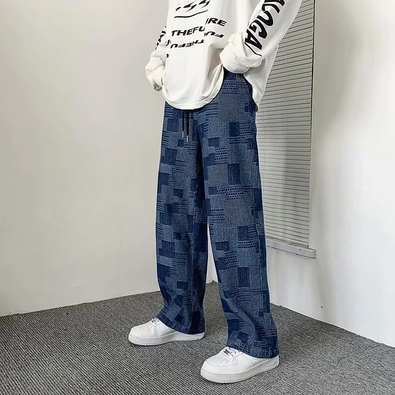 Autumn Plaid Baggy Jeans For Men Y2K Vintage Wide-leg Jean High Street Loose Straight Denim Pants Streetwear Hip Hop Trousers