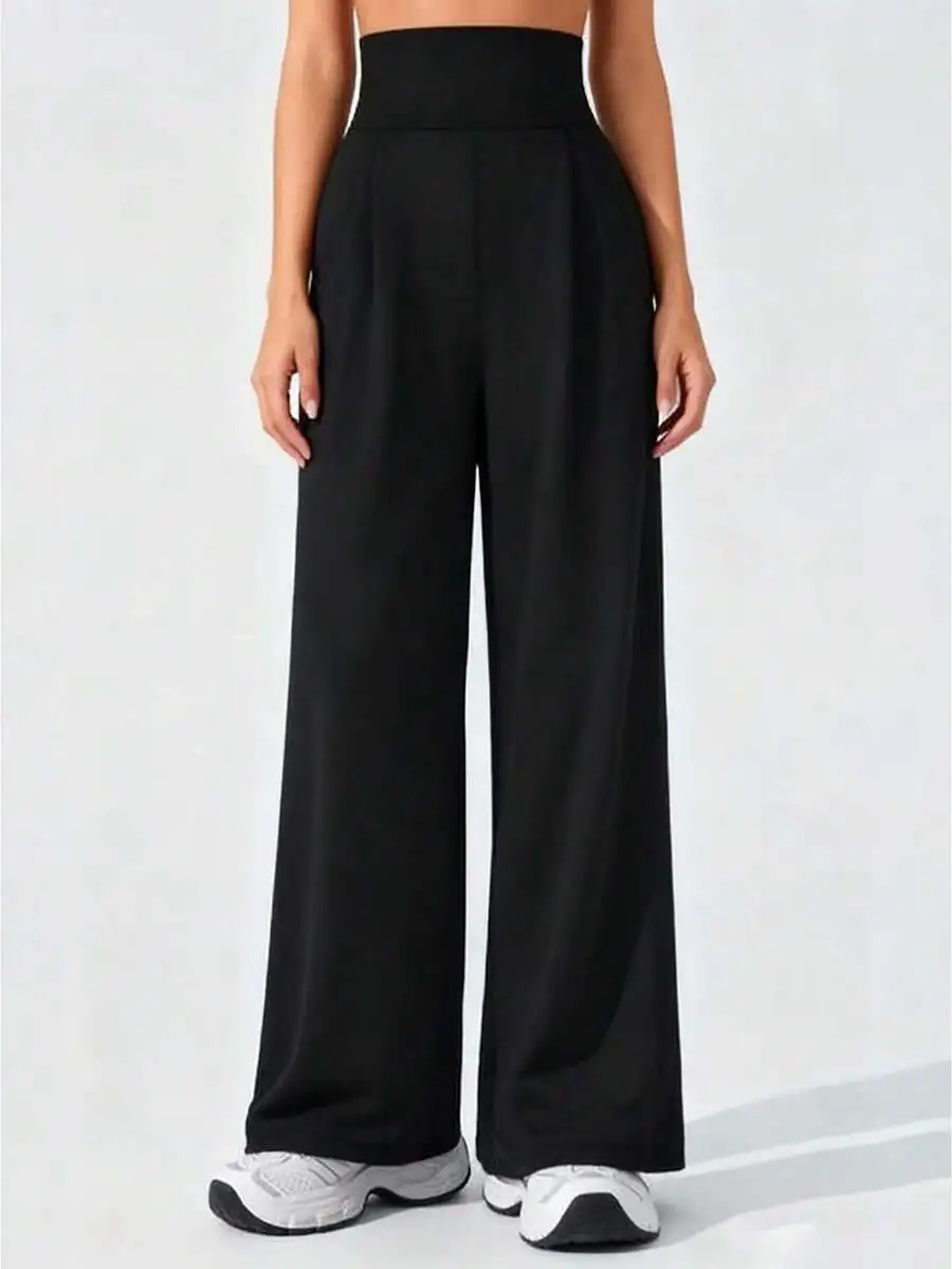

Womens Solid High Waist Wide Leg Pleated Lounge Pants With Pockets