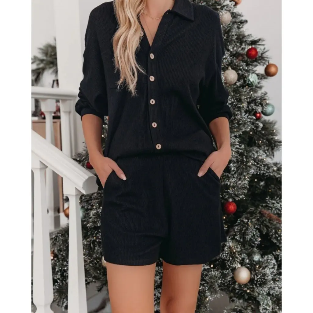 

Women's Solid Color Button Lapel Casual Fashion Homewear Suit Autumn Winter New Arrival European American Style