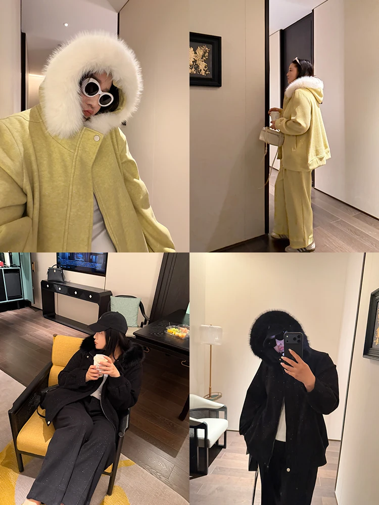 

Large Size Women's Fashion Set with Faux Fur Collar Warm Fleece Casual Wide Leg Pants High Waist Long Spring Outfit