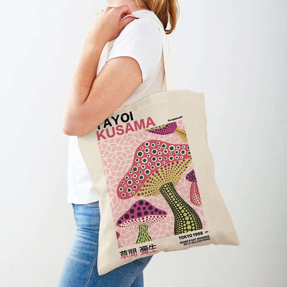 Japan Yayoi Kusama Dots Pumpkin Retro Lady Shopping Bags Nordic Shopper Bag Double Print Women Supermarket Handbag Canvas Tote