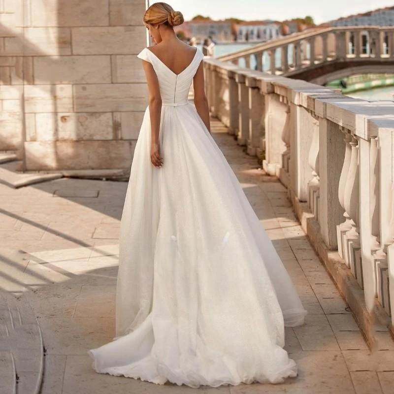 Wedding Dresses Women 2025 White Open Back V-Neck Cap Sleeves Chiffon Bridal Gowns For Women Customize To Measures Elegant