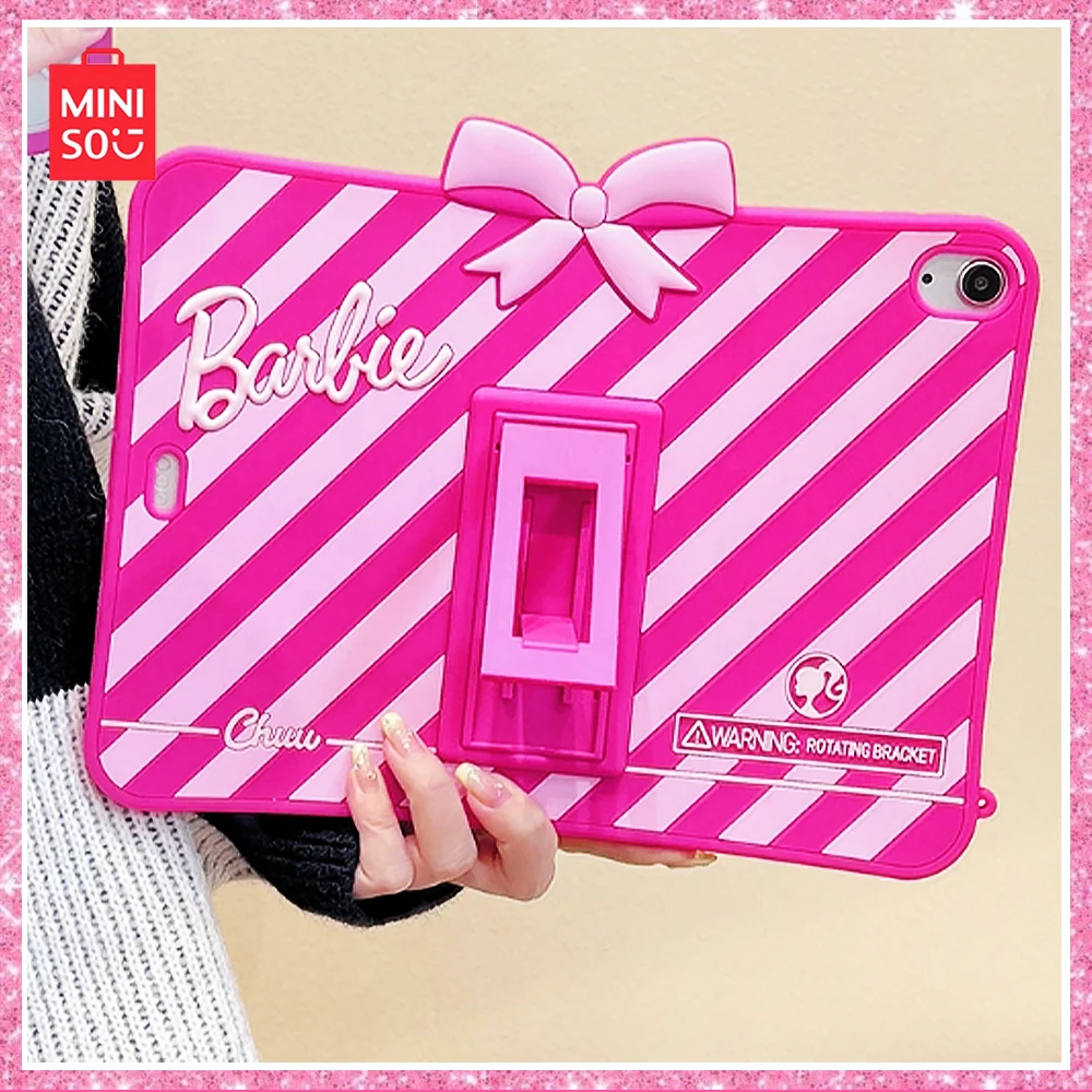 2024Miniso Barbie Pink New Bowknot Ipad /pro/air4/5 with Stand Silicone All-Inclusive Drop-Proof Tablet Case Girl Birthday Gift