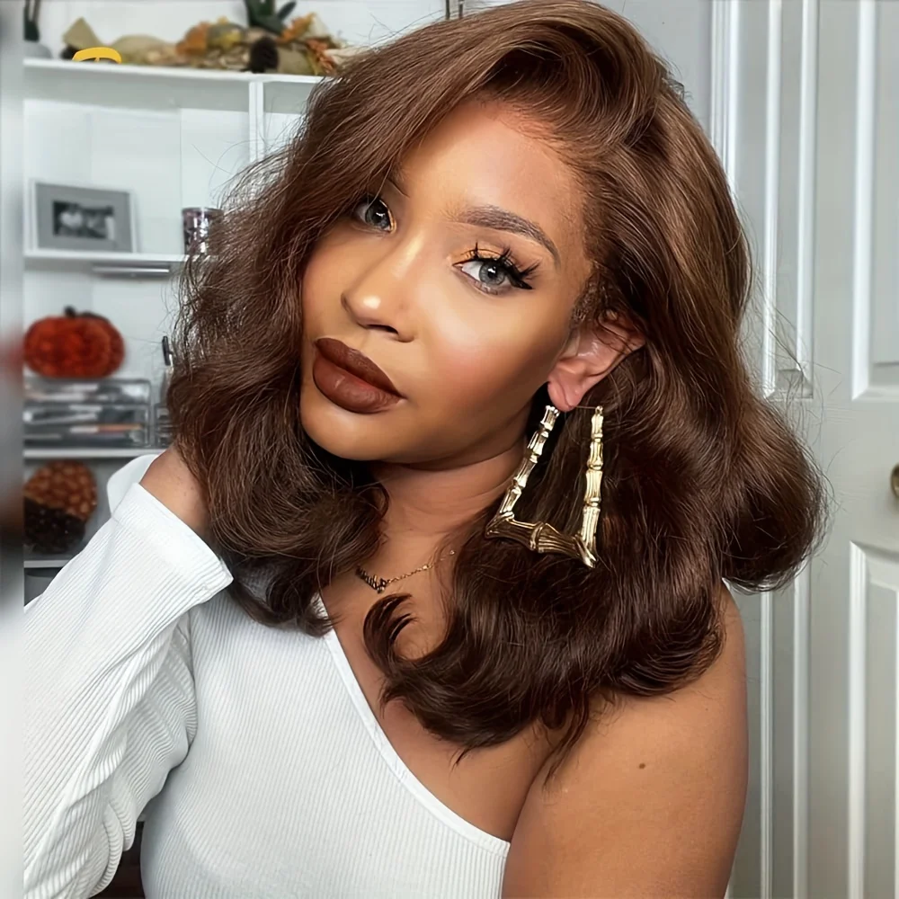 Chocolate Brown Body Wave bob Lace Front Wig Transparent 13x4  Lace Frontal Wig Human Hair Preplucked Colored Human Hair Wigs