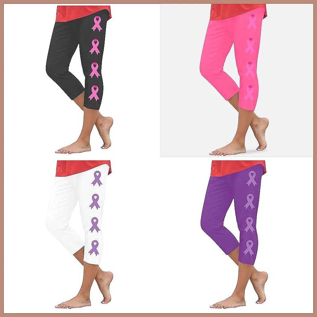 

Women's Retro Casual Capri Pants, Breast Cancer Awareness Printed Loose Leggings with Drawstring