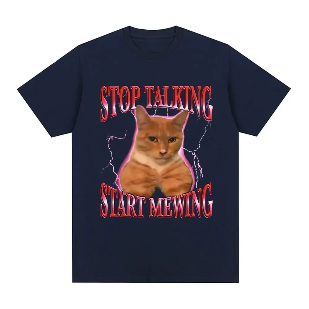 Stop Talking Start Mewing T-Shirt Funny Cute Cat Meme Graphic Short Sleeve T Shirts 100% Cotton Comfort Loose T-shirts Oversized