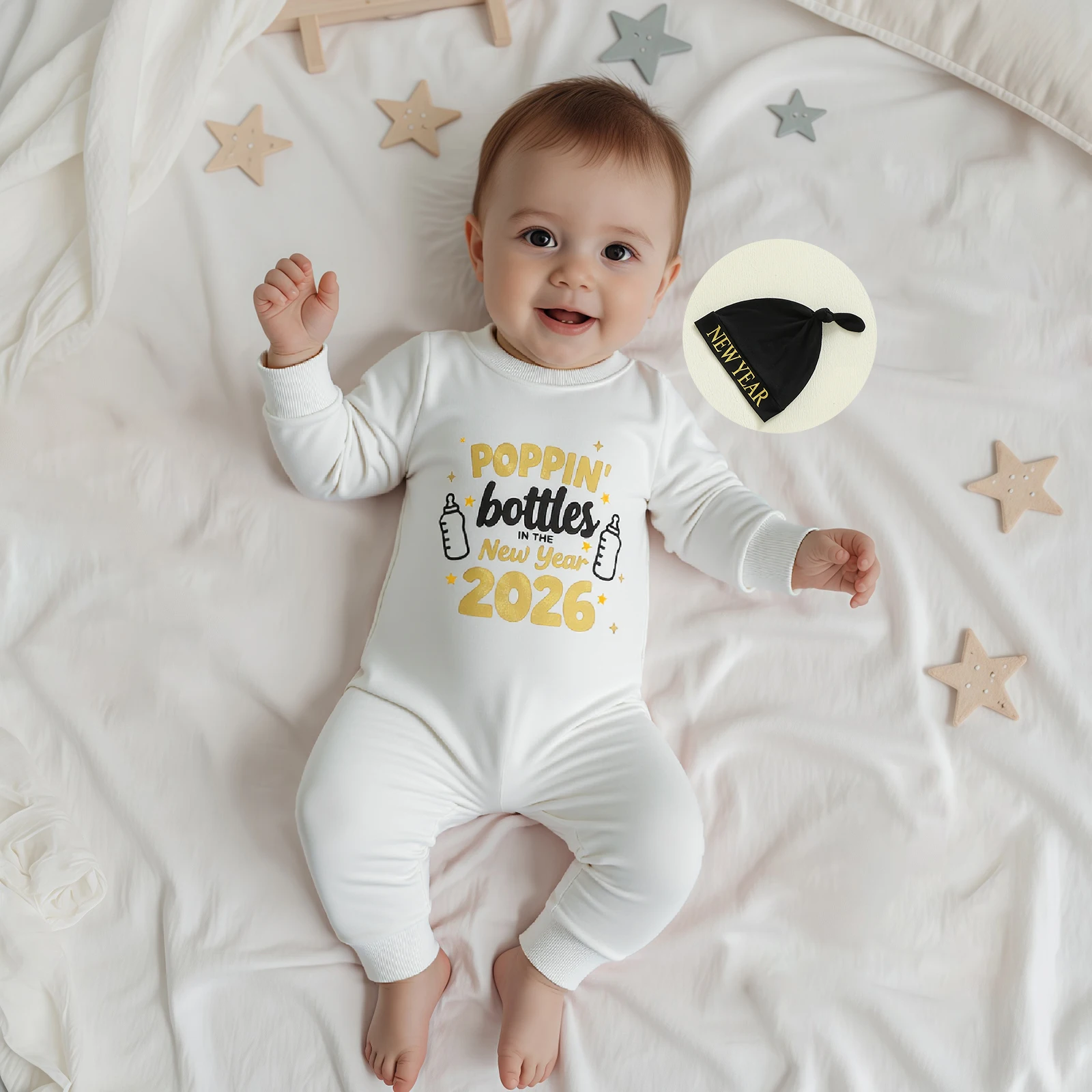 

Новогодняя одежда для новорожденных, комбинезон с длинными рукавами и круглым вырезом с буквенным принтом и шляпой, комплект из 2 предметов