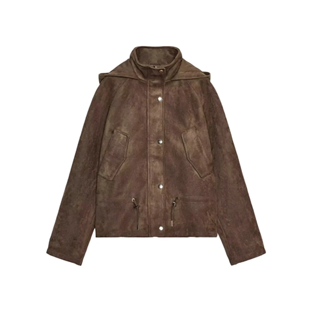 

Осенне-зимняя новая женская модная куртка с воротником-стойкой и длинными рукавами, струящаяся легкая стильная замшевая куртка с капюшоном, куртка