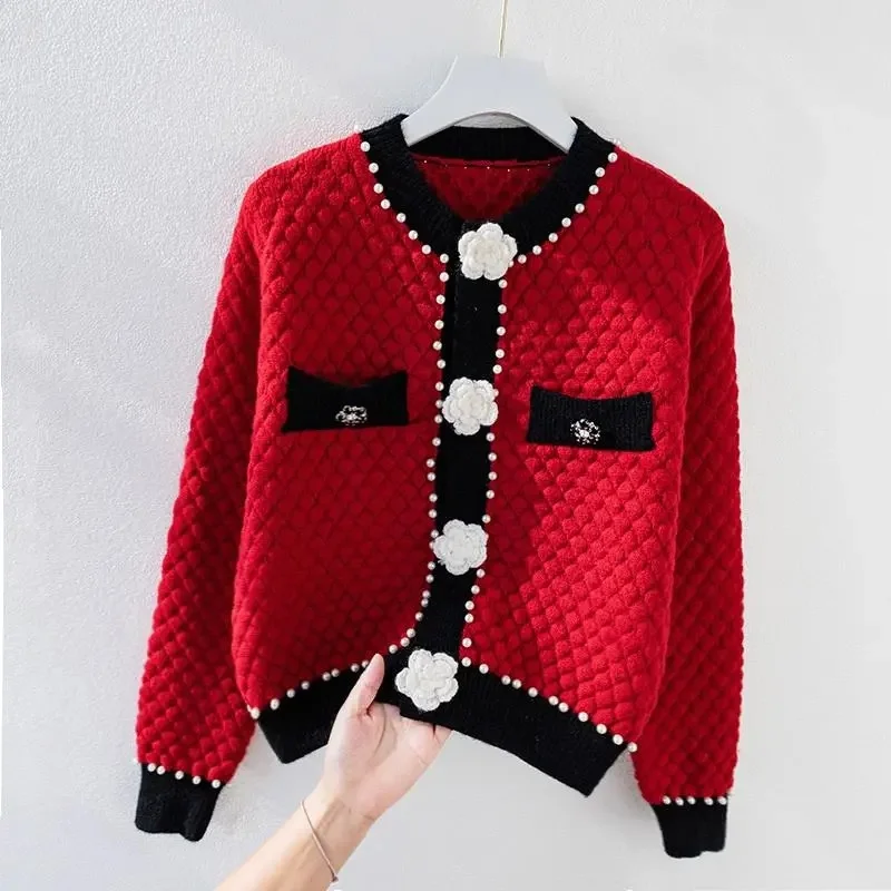 2023 New Fall Winter Knitting Cardigan Women's Elegant Fashion Loose Single-Breasted Nail bead Wind Short Women Sweater Jacket