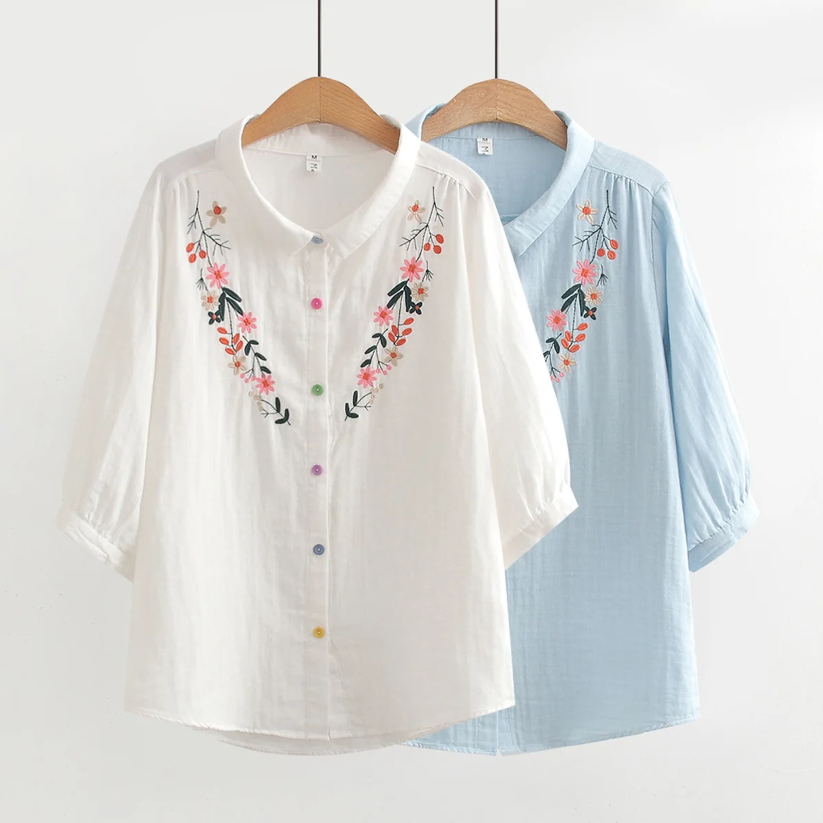 

Japanese Sweet Mori Girl Floral Embroidery Cotton Yarn Shirts Women Solid Color Turn Down Collar 3/4 Sleeve Casual Loose Blouse