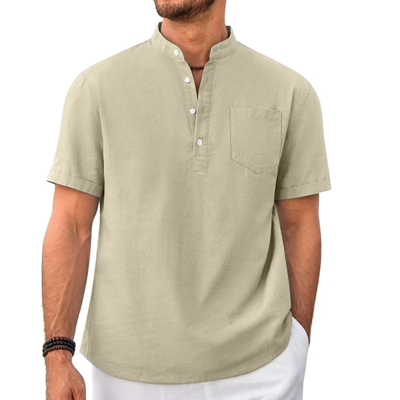 Mens Summer Casual Henley Shirts Short Sleeve Cotton Basic Tee with Chest Pocket Solid Button Placket Lightweight  Tops for Men