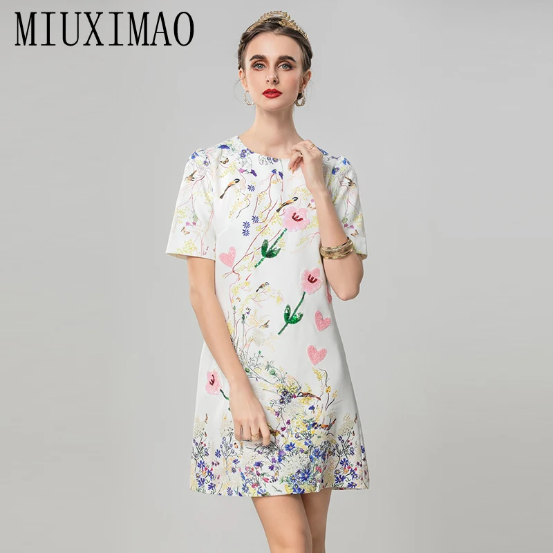 

MIUXIMAO 2025 Fashion Summer Dresses Retro Floral Print Heart Diamonds Dress A-LINE Mini Short Dress Women Vestides