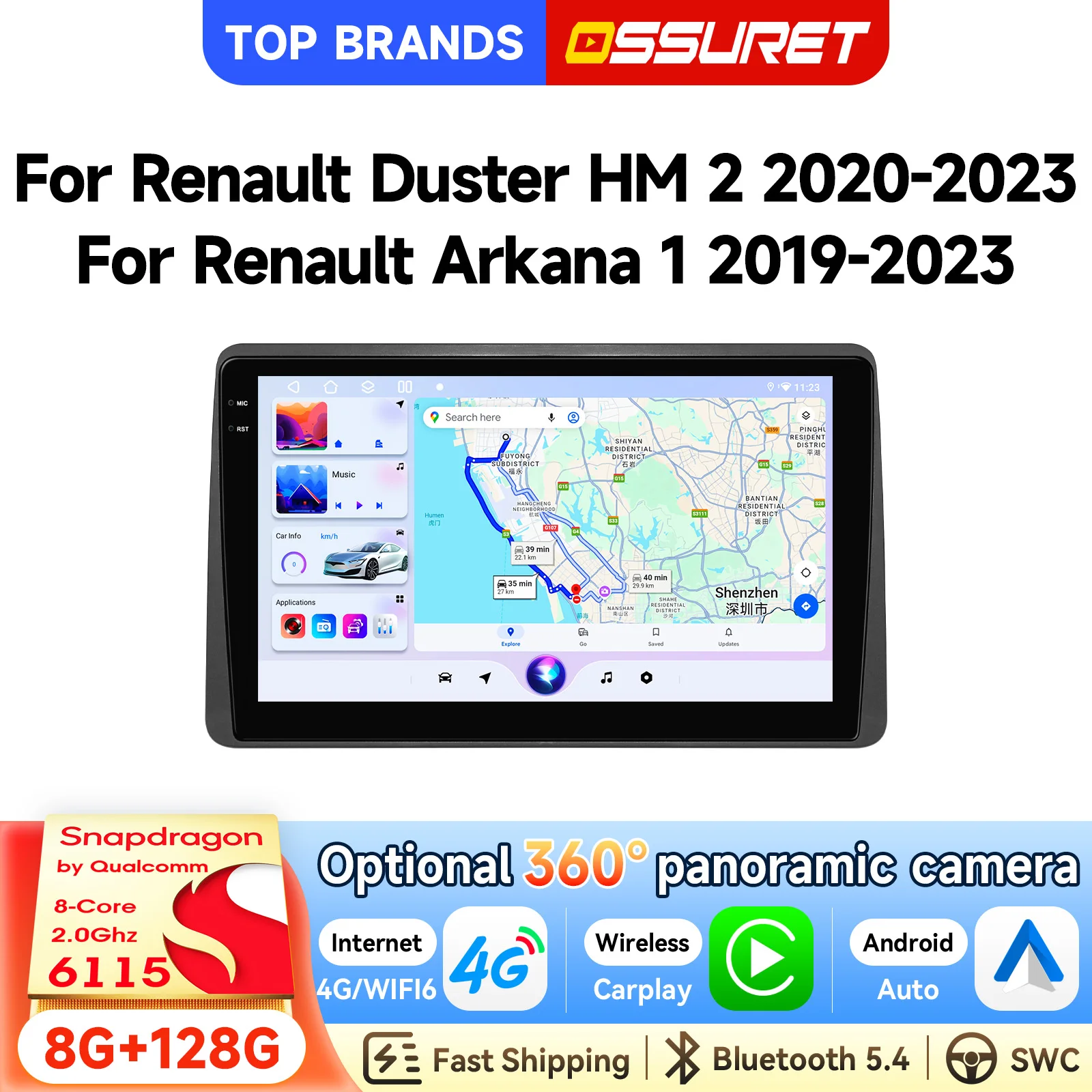 OSSURET Schneller Versand 10,1 Zoll 2 Din Android 14 Intelligentes Autosystem für Renault Duster HM 2 2020-2023/Arkana 1 2019-2023 Kabelloses CarPlay Android Auto Videoplayer Bluetooth mit Qualcomm