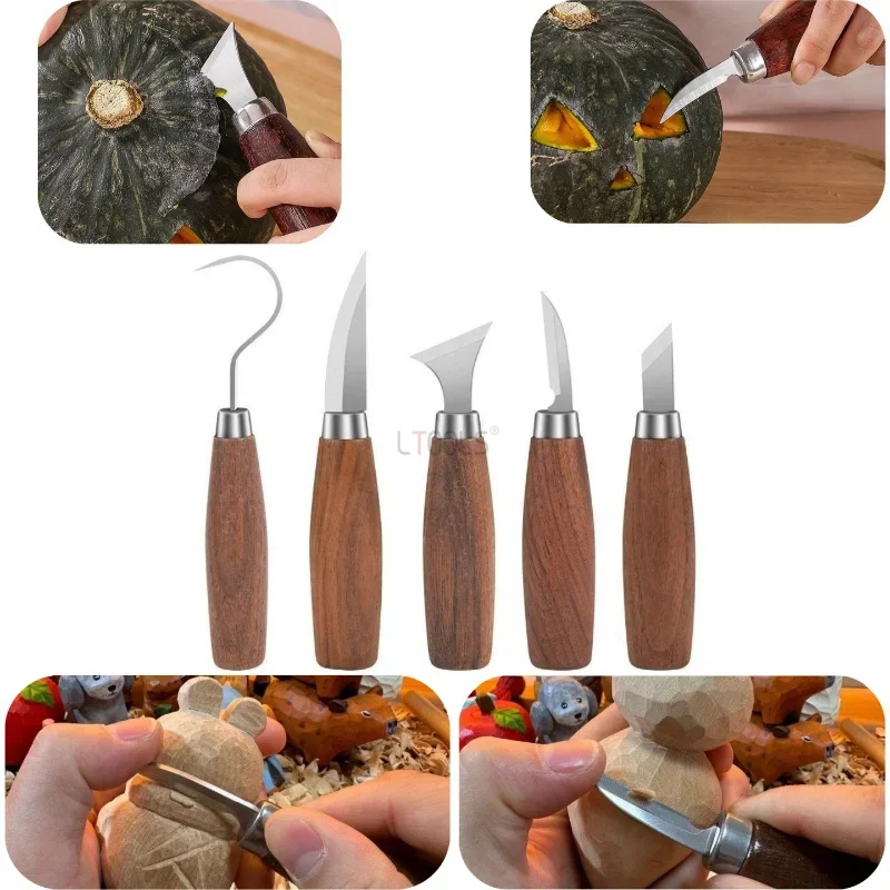 5pcs Wood Carving Knife Drop Resistant Stainless Steel Blades Ergonomic Handle for DIY Handmade Wooden Decor Making Carpen