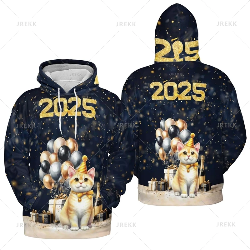 2025 HAPPY NEW YEAR 3D Printing Hoodies Firework Hello 2025 Graphic Hooded Sweatshirts Unisex Fashion Pullovers Hooded Hoody Top