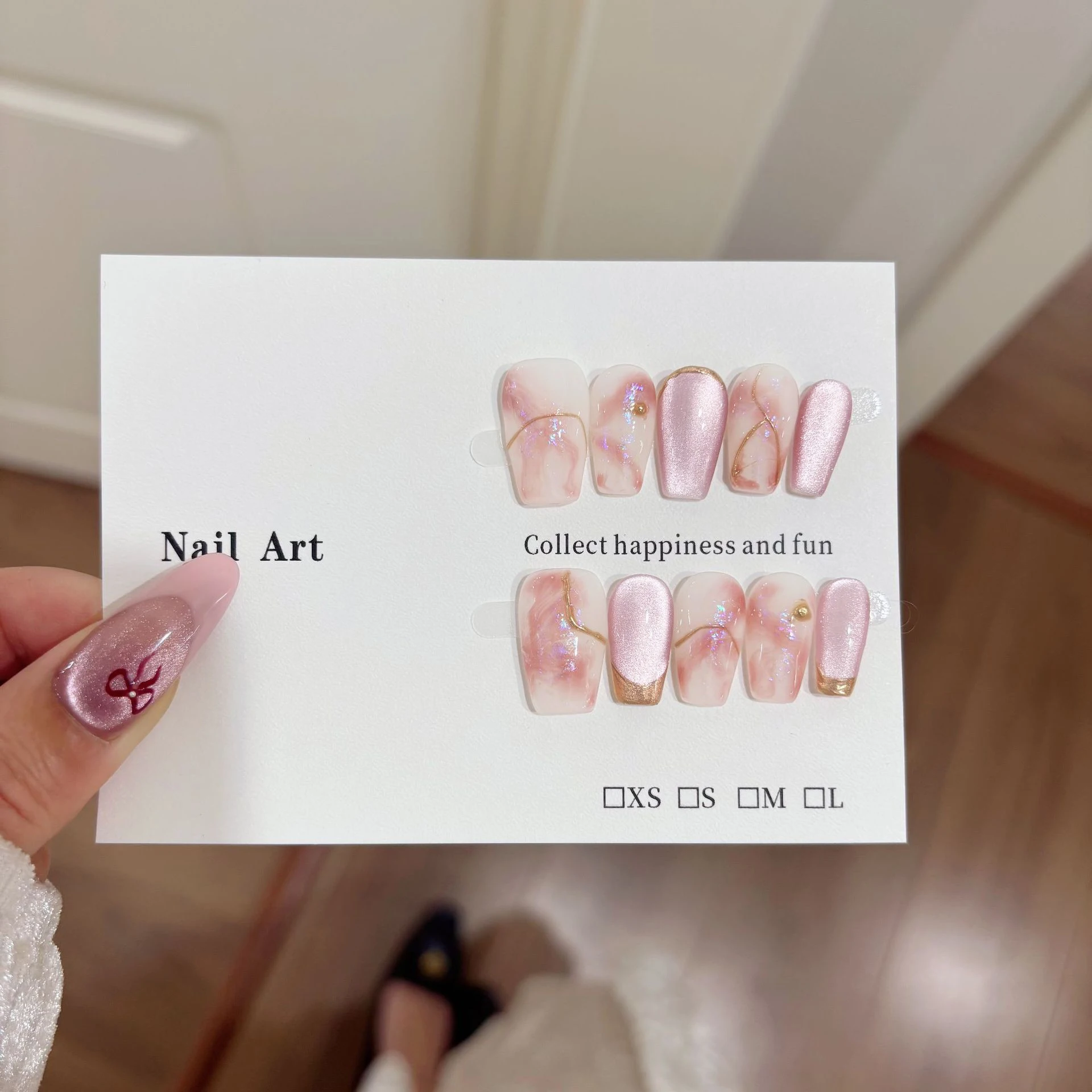 

10Pcs/Set Press On Acyrlic Ice Cat's Eye Handmade Fake Nails Short/Medium Almond Marble Gradient Decor Nude French Nails