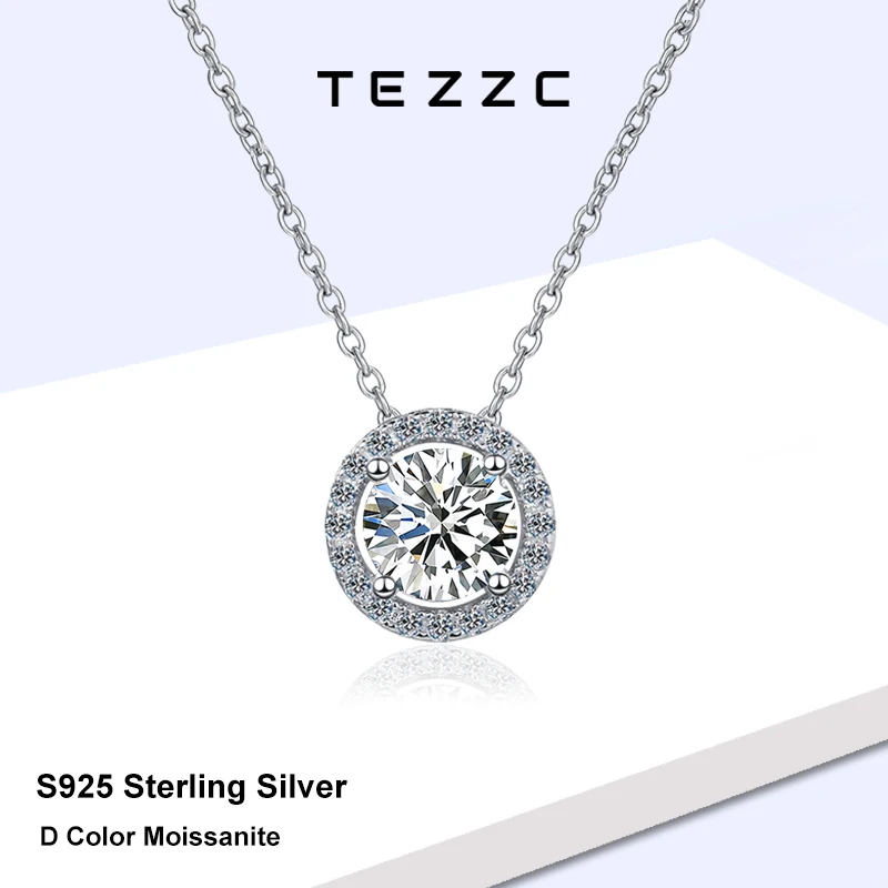 

Tezzc S925 Sterling Silver Necklace For Women Round 2CT Moissanite Necklace Classic Elegant Necklace Engagement Jewelry Gifts