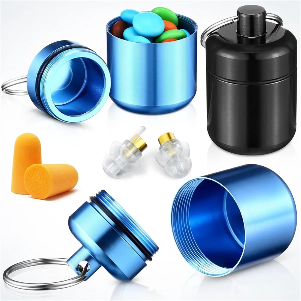 A45I 4 Pack Ear Plug Carrying Case Keychain, Portable Keychain Pill Holder Case, Waterproof Metal Earplug Case Pill Container