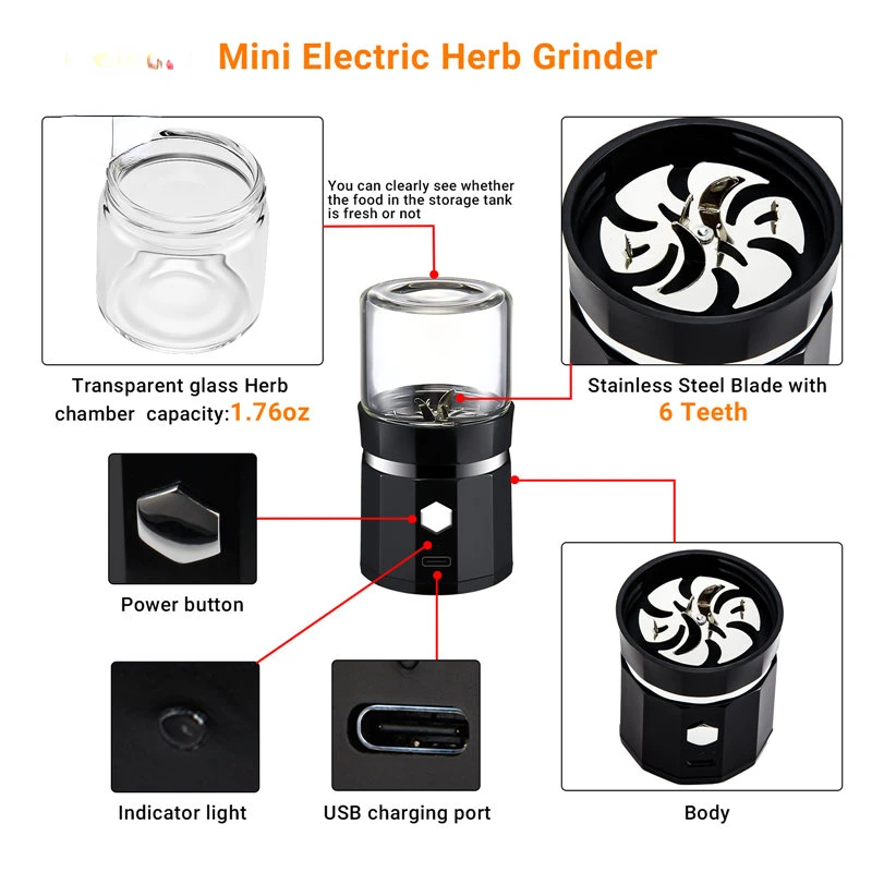 EVILSMOKING LTQ Mini molinillo de hierbas y humo de tabaco, trituradora de especias eléctrica de acero inoxidable portátil, accesorios para fumar