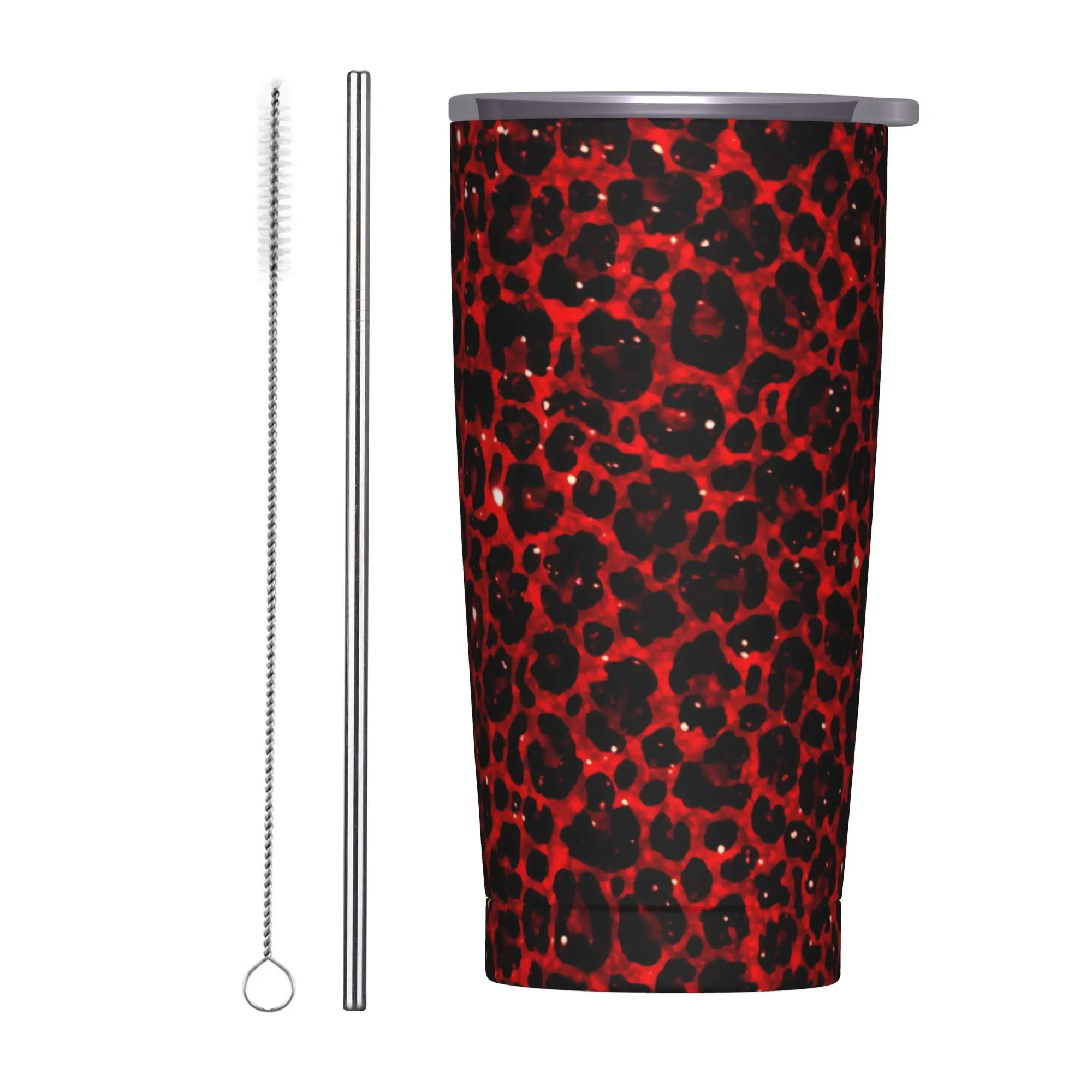 Glitter Leopard Insulated Tumbler with Straws Faux Fur Stainless Steel Thermal Mug Outdoor Travel Car Bottle Cup, 20oz